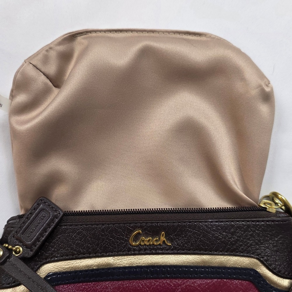 Coach Burgundy Brown Navy Gold Leather Colorblock Wristlet Pouch Zip Top Bag - Picture 9 of 9